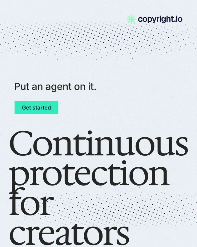 Instagram portrait post for copyright.io: "Continuous protection for creators." Swiss style, oversized layout, light palette in white, blue, grey.