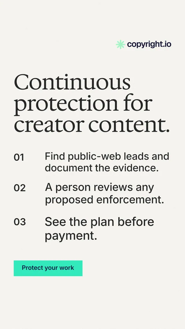 Instagram story for copyright.io: "Continuous protection for creator content." Swiss style, numbered layout, light palette in white, grey.
