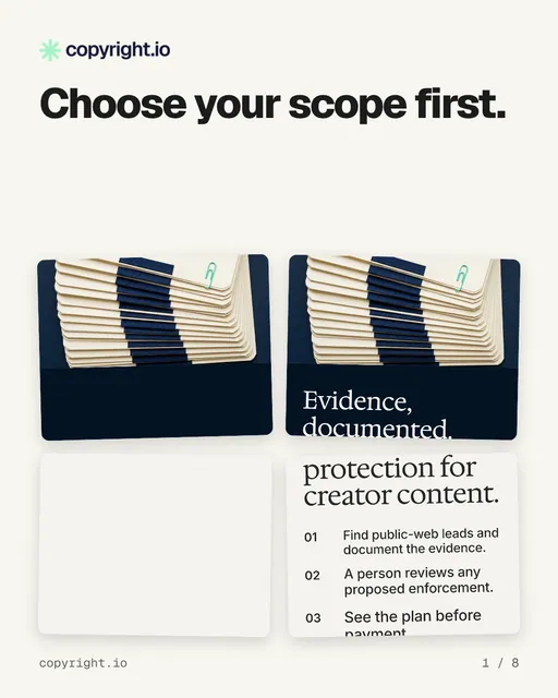 Carousel for copyright.io: "Choose your scope first.". Collection carousel, 8 slides, light palette.
