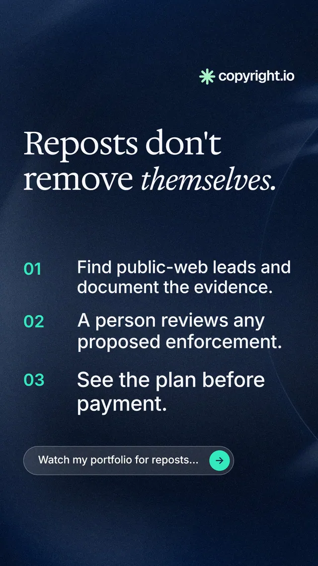 Instagram story for copyright.io: "Reposts don't remove themselves." Agentic glass style, numbered layout, dark palette in blue, black.