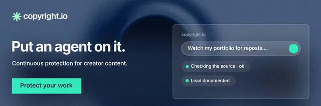 X header for copyright.io: "Put an agent on it." Swiss style, bottom layout, dark palette in blue, teal.