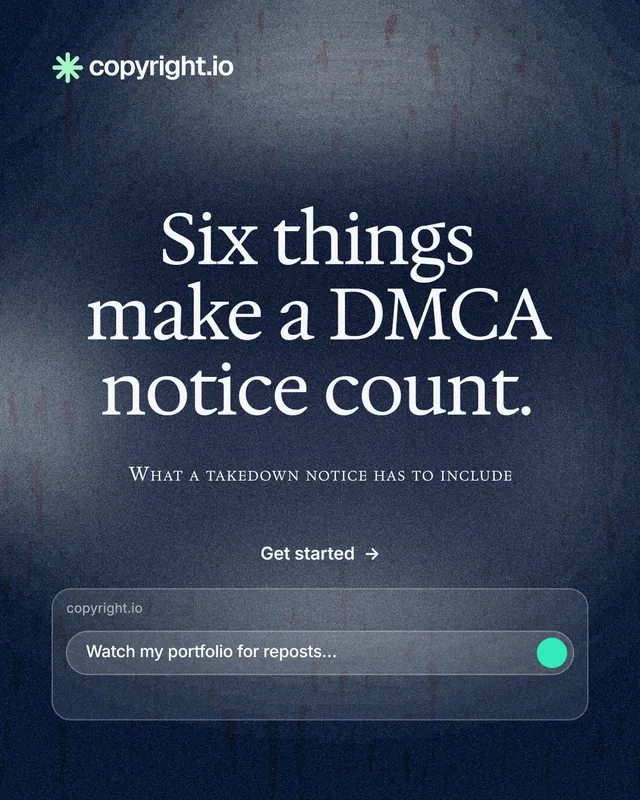 Instagram portrait post for copyright.io: "Six things make a DMCA notice count." Cyanotype style, smallcaps layout, dark palette in blue, grey.