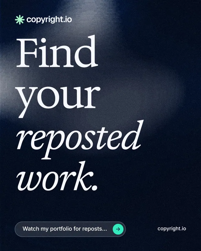 Instagram portrait post for copyright.io: "Find your reposted work." Thermal style, poster layout, dark palette in blue, black, grey.