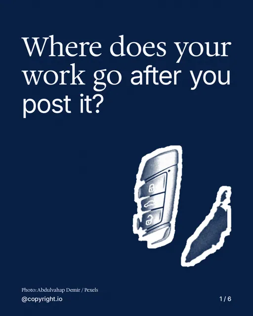Carousel for copyright.io: "Where does your work go after you post it?". Cutout essay, 6 slides, dark palette.