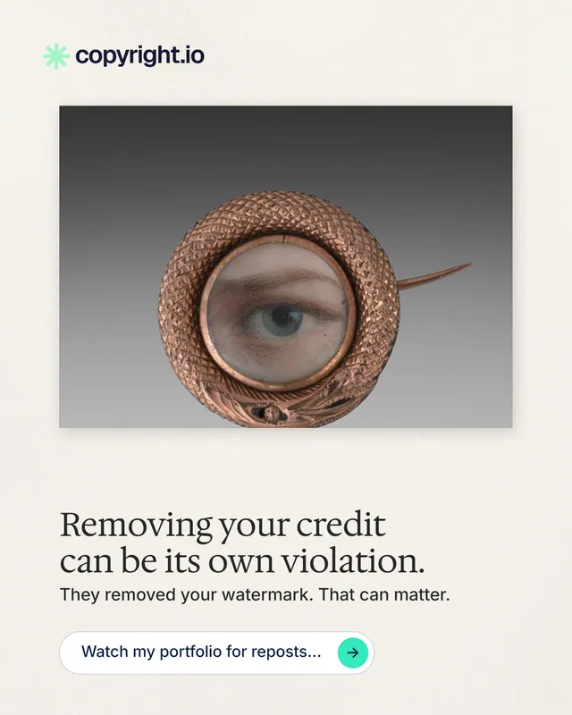 Instagram portrait post for copyright.io: "Removing your credit can be its own violation." Agentic glass style, bottom layout, light palette in white, grey.