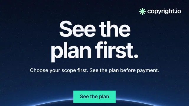 Landscape graphic for copyright.io: "See the plan first." Swiss style, centred layout, dark palette in blue, black.