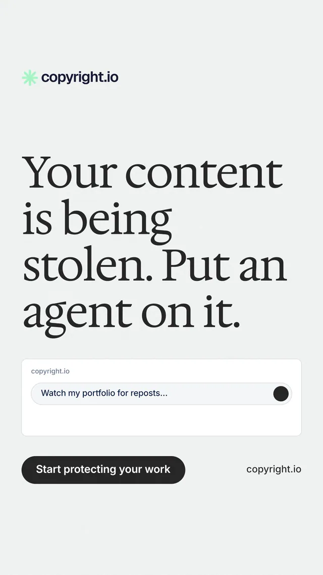 Instagram story for copyright.io: "Your content is being stolen. Put an agent on it." Data card style, poster layout, light palette in white, grey, green.