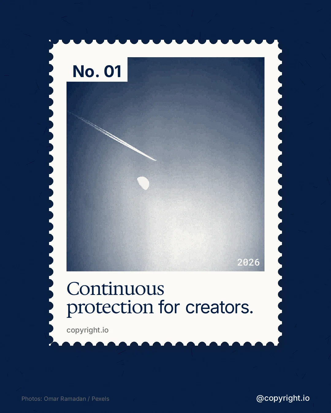 Instagram portrait post for copyright.io: "Continuous protection for creators." Single style, technique:stamp series layout, dark palette in blue, white, grey.