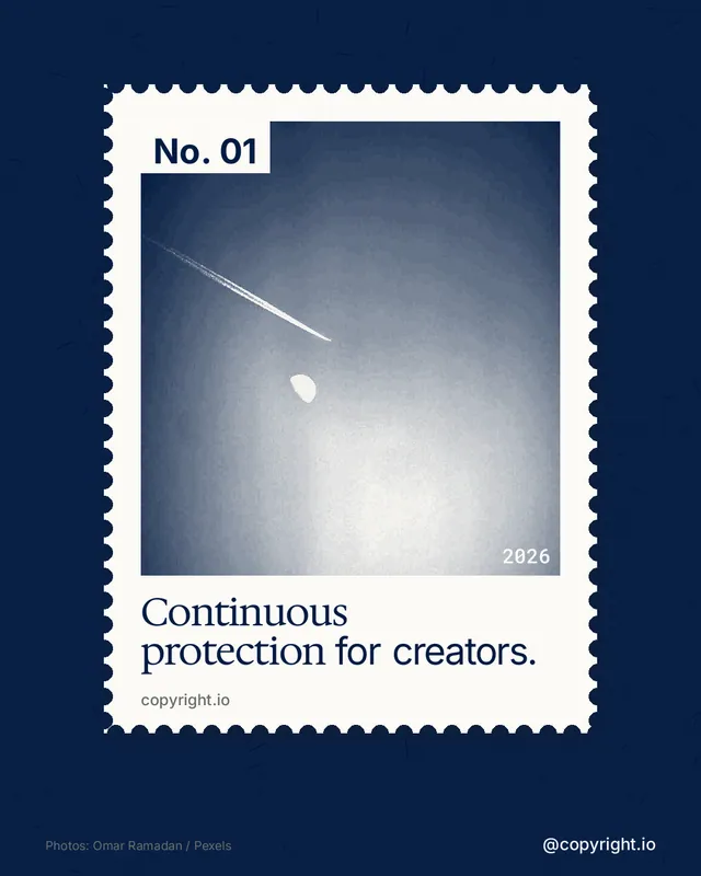 Instagram portrait post for copyright.io: "Continuous protection for creators." Single style, technique:stamp series layout, dark palette in blue, white, grey.