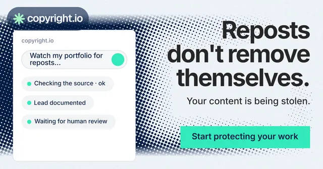 Social ad for copyright.io: "Reposts don't remove themselves." Swiss style, right layout, light palette in white, grey, teal.