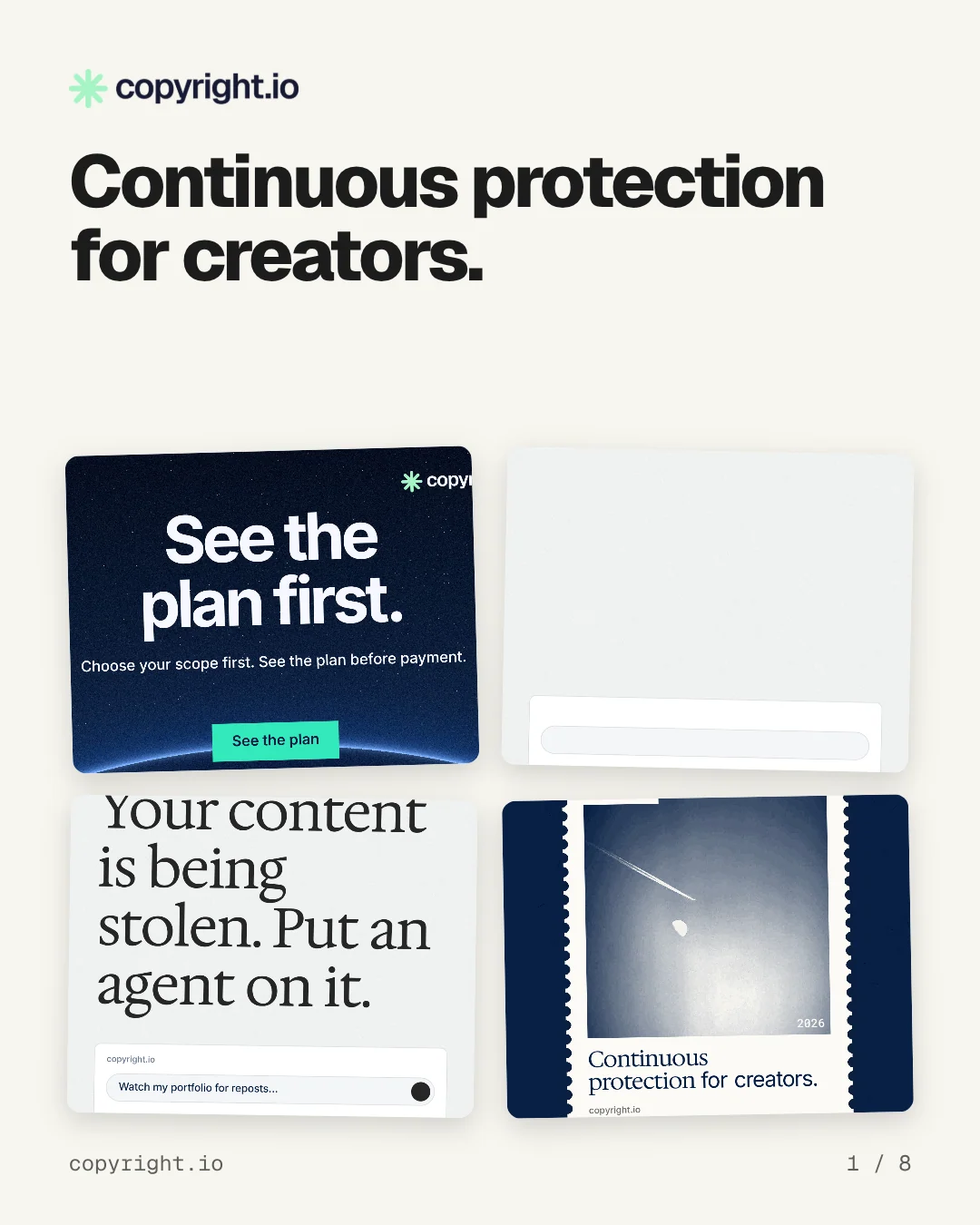 Carousel for copyright.io: "Continuous protection for creators.". Collection carousel, 8 slides, light palette.