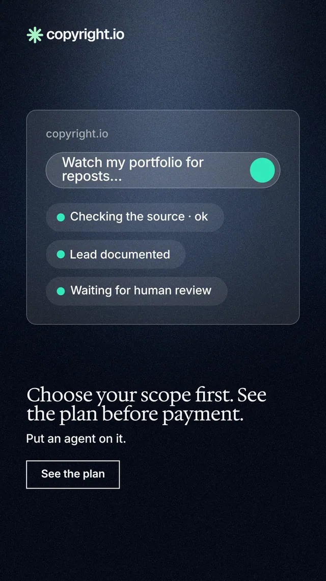 Instagram story for copyright.io: "Choose your scope first. See the plan before payment." Dark deco style, bottom layout, dark palette in black, blue, grey.