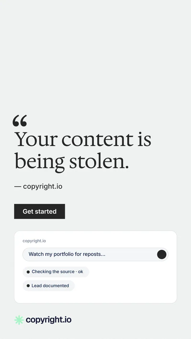Instagram story for copyright.io: "Your content is being stolen." Swiss style, quote layout, light palette in white.