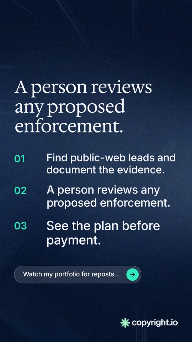 Instagram story for copyright.io: "A person reviews any proposed enforcement." Agentic glass style, numbered layout, dark palette in blue, black.