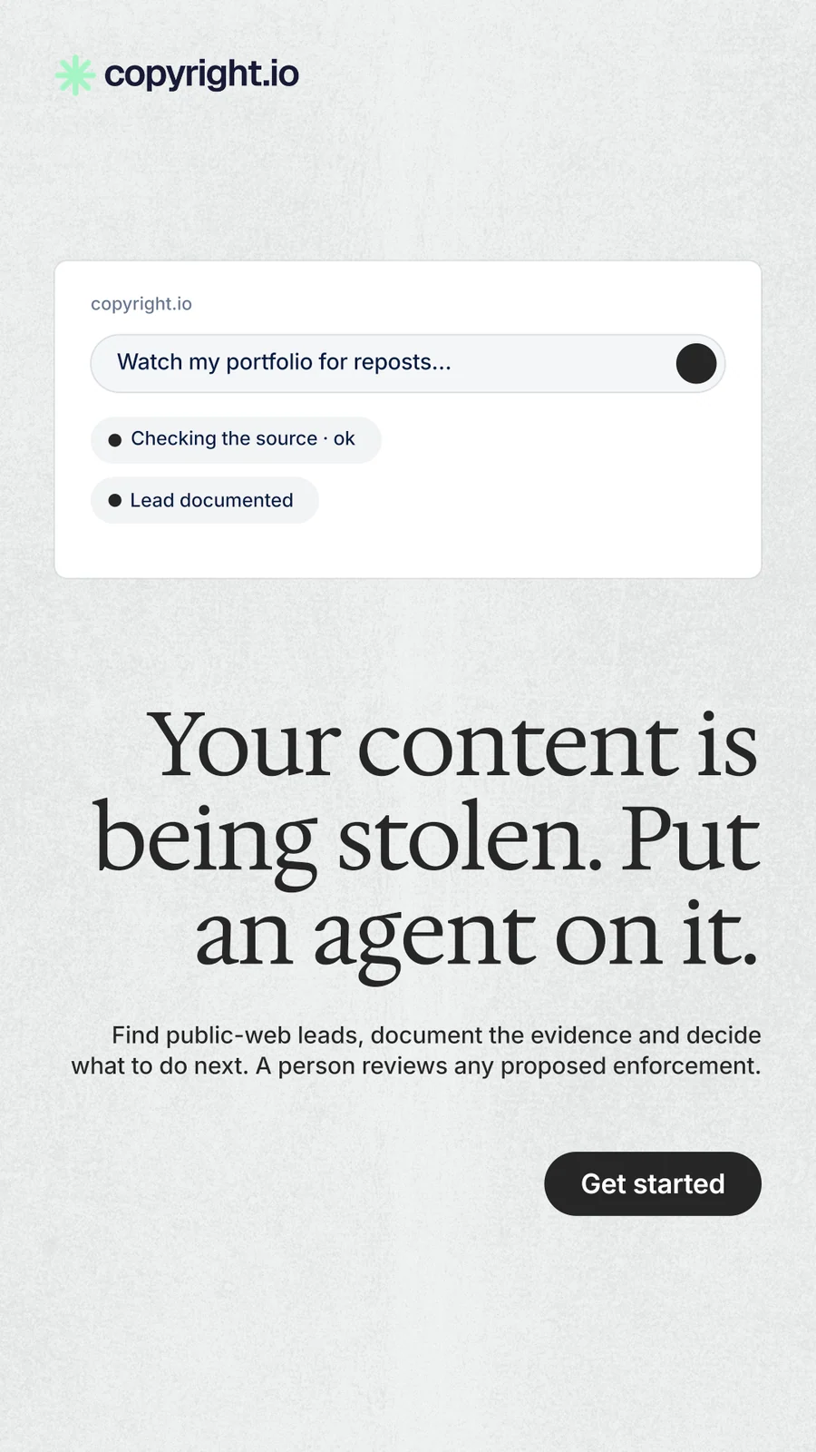 Instagram story for copyright.io: "Your content is being stolen. Put an agent on it." Data card style, right layout, light palette in white, grey.