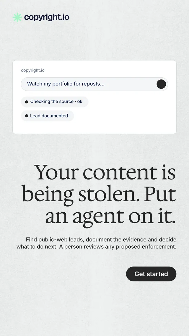 Instagram story for copyright.io: "Your content is being stolen. Put an agent on it." Data card style, right layout, light palette in white, grey.