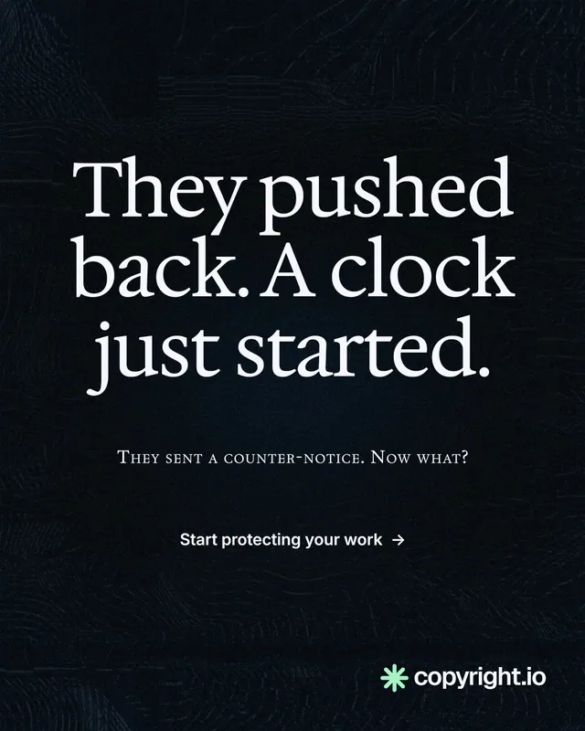 Instagram portrait post for copyright.io: "They pushed back. A clock just started." Phosphor atlas style, smallcaps layout, dark palette in black, grey.