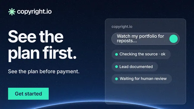 Landscape graphic for copyright.io: "See the plan first." Swiss style, bottom layout, dark palette in black, blue, teal.