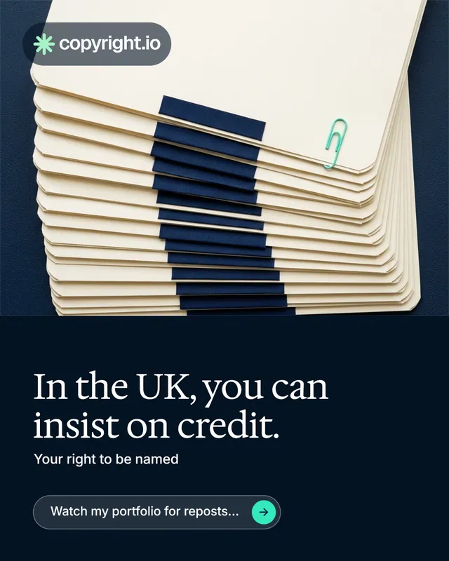 Instagram portrait post for copyright.io: "In the UK, you can insist on credit." Agentic glass style, bottom layout, dark palette in yellow, black, blue.