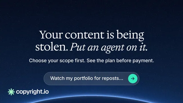 Landscape graphic for copyright.io: "Your content is being stolen. Put an agent on it." Agentic glass style, centred layout, dark palette in blue, black.