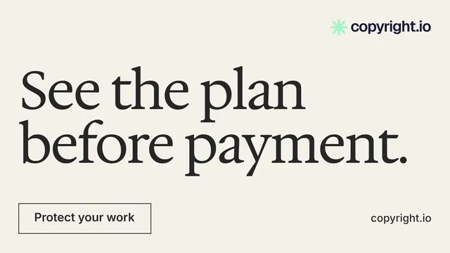 Landscape graphic for copyright.io: "See the plan before payment." Editorial style, poster layout, light palette in white, grey.