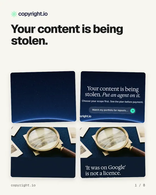 Carousel for copyright.io: "Your content is being stolen.". Collection carousel, 8 slides, light palette.