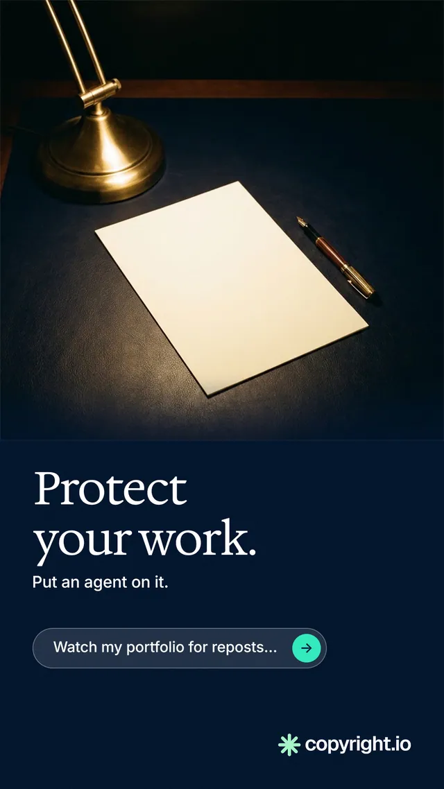 Instagram story for copyright.io: "Protect your work." Agentic glass style, bottom layout, dark palette in black, grey.