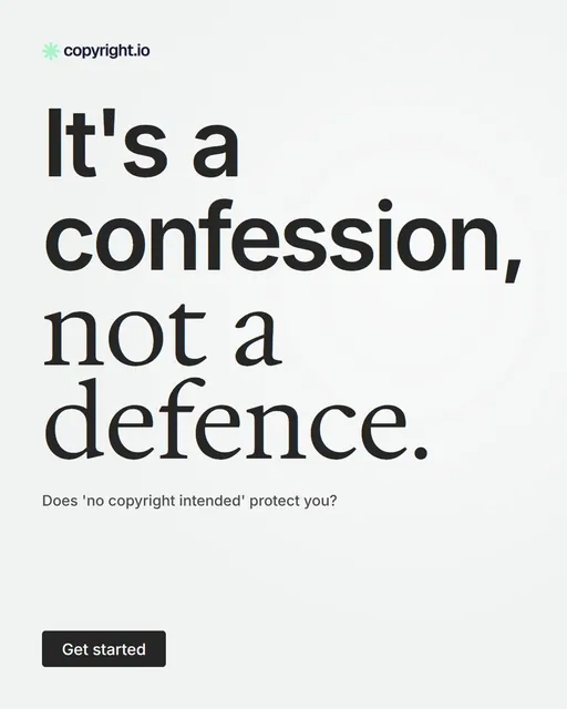 Video for copyright.io: "It's a confession, not a defence.". Doc motion loop, 8.0 s, light palette.
