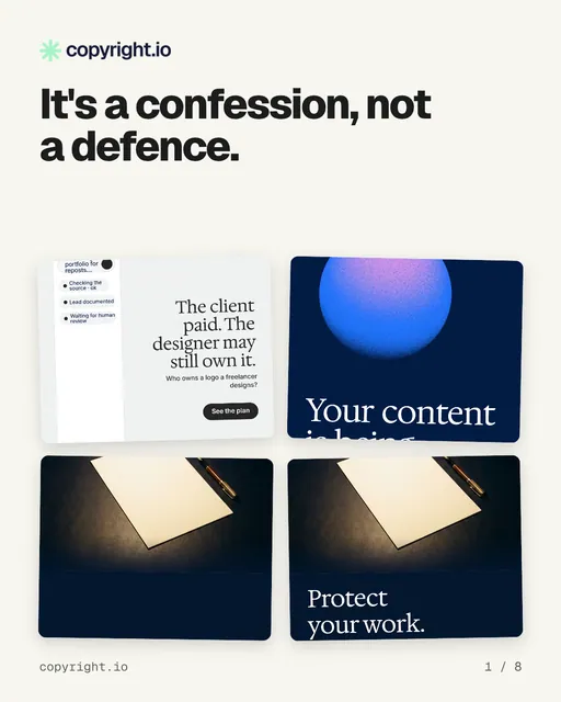 Carousel for copyright.io: "It's a confession, not a defence.". Collection carousel, 8 slides, light palette.