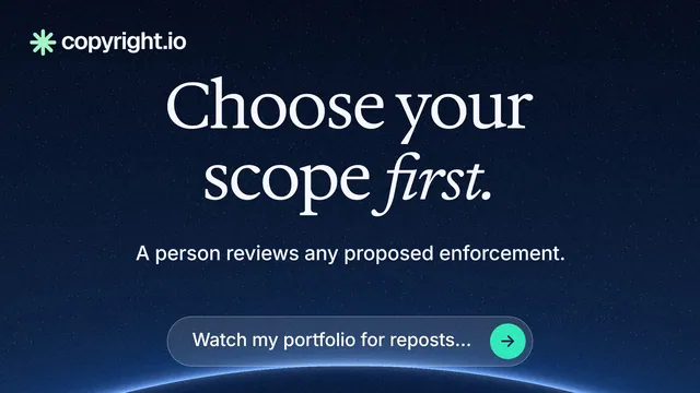 Landscape graphic for copyright.io: "Choose your scope first." Agentic glass style, centred layout, dark palette in blue, black.