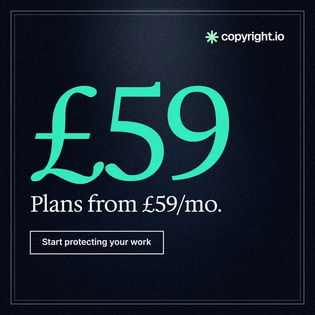 Instagram post for copyright.io: "Choose your scope first. See the plan before payment." Dark deco style, stat layout, dark palette in black, teal.