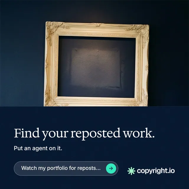 Instagram post for copyright.io: "Find your reposted work." Agentic glass style, bottom layout, dark palette in black, blue, grey.