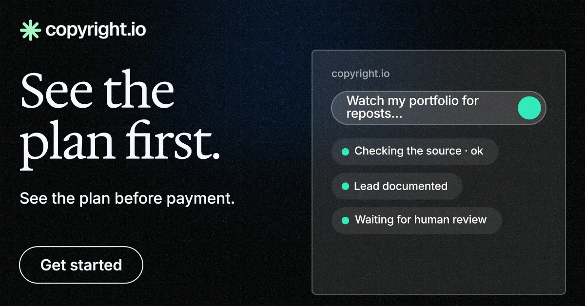 Social ad for copyright.io: "See the plan first." Phosphor atlas style, bottom layout, dark palette in black, grey.