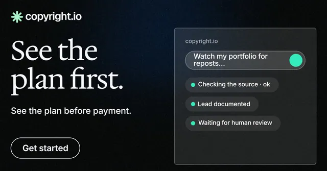 Social ad for copyright.io: "See the plan first." Phosphor atlas style, bottom layout, dark palette in black, grey.