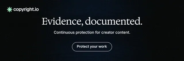 X header for copyright.io: "Evidence, documented." Phosphor atlas style, centred layout, dark palette in black.