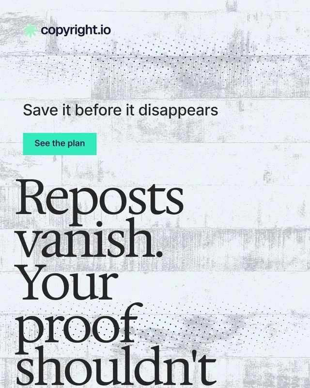 Instagram portrait post for copyright.io: "Reposts vanish. Your proof shouldn't." Swiss style, oversized layout, light palette in white, blue, grey.