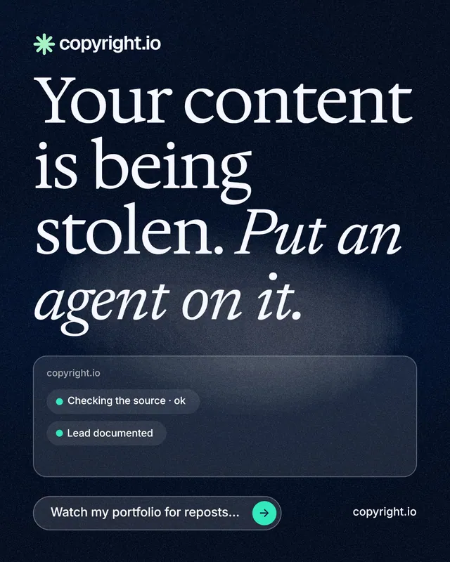 Instagram portrait post for copyright.io: "Your content is being stolen. Put an agent on it." Thermal style, poster layout, dark palette in blue, black, grey.