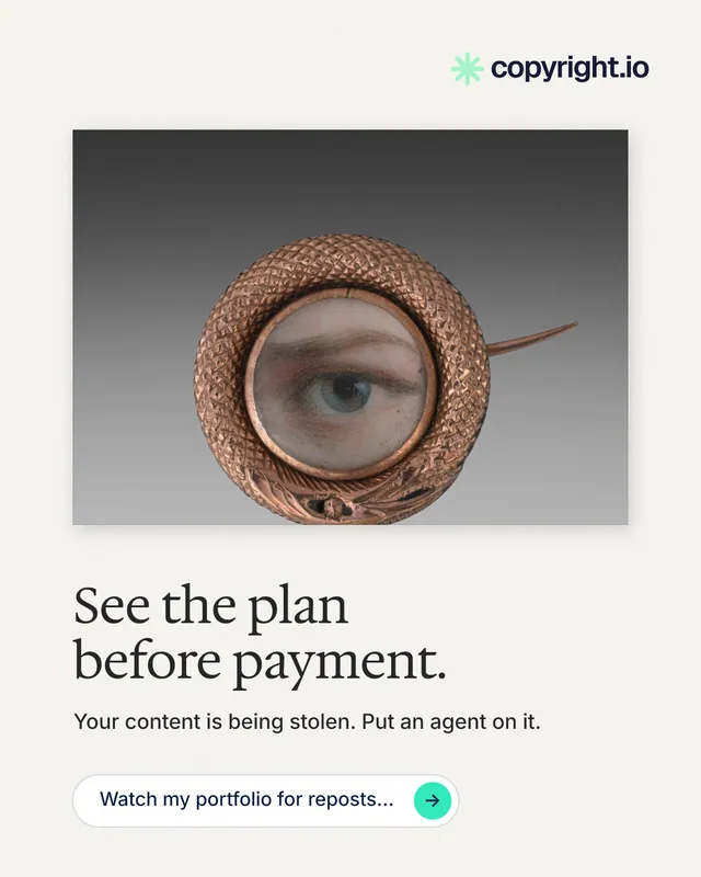 Instagram portrait post for copyright.io: "See the plan before payment." Agentic glass style, bottom layout, light palette in white, grey.
