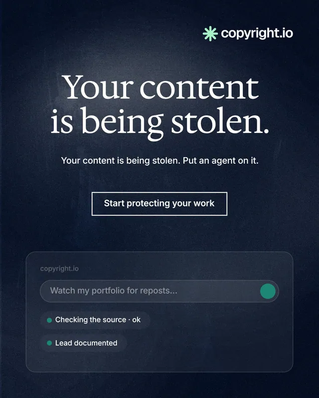 Instagram portrait post for copyright.io: "Your content is being stolen." Cyanotype style, centred layout, dark palette in blue, black, grey.