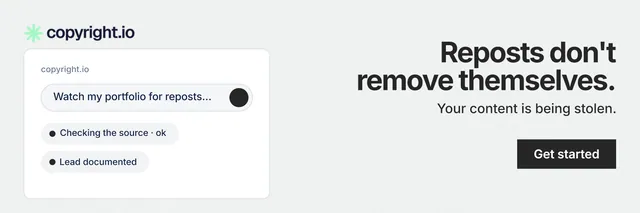 X header for copyright.io: "Reposts don't remove themselves." Swiss style, right layout, light palette in white, grey.