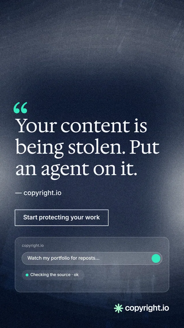 Instagram story for copyright.io: "Your content is being stolen. Put an agent on it." Cyanotype style, quote layout, dark palette in blue, grey.