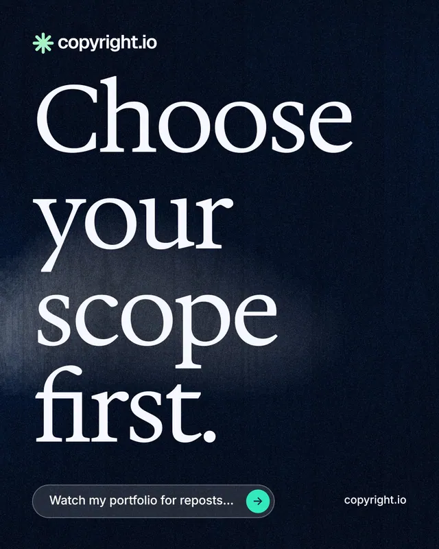 Instagram portrait post for copyright.io: "Choose your scope first." Thermal style, poster layout, dark palette in black, blue, grey.
