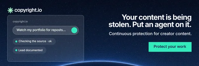 X header for copyright.io: "Your content is being stolen. Put an agent on it." Swiss style, right layout, dark palette in blue, black.