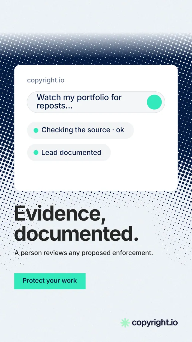 Instagram story for copyright.io: "Evidence, documented." Swiss style, bottom layout, light palette in white, teal, grey.