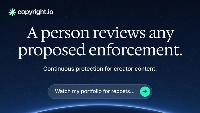 Landscape graphic for copyright.io: "A person reviews any proposed enforcement." Agentic glass style, centred layout, dark palette in black, blue.