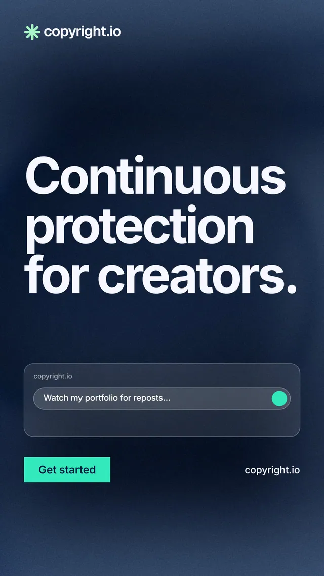 Instagram story for copyright.io: "Continuous protection for creators." Swiss style, poster layout, dark palette in blue, black, grey.