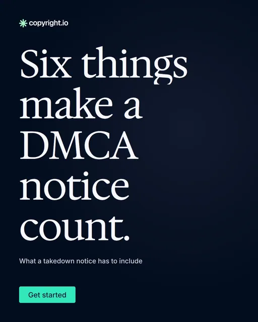 Video for copyright.io: "Six things make a DMCA notice count.". Doc motion loop, 7.0 s, dark palette.