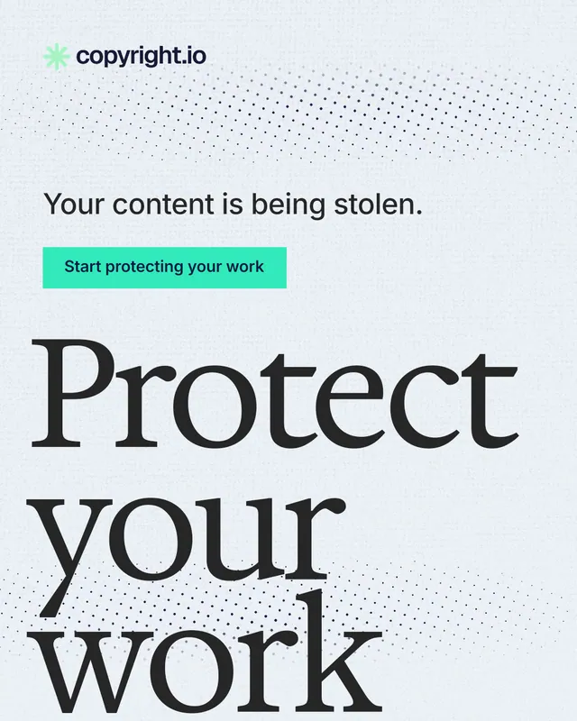 Instagram portrait post for copyright.io: "Protect your work." Swiss style, oversized layout, light palette in white, grey, teal.