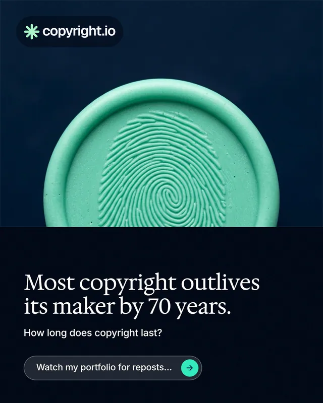 Instagram portrait post for copyright.io: "Most copyright outlives its maker by 70 years." Agentic glass style, bottom layout, dark palette in black, teal, blue.