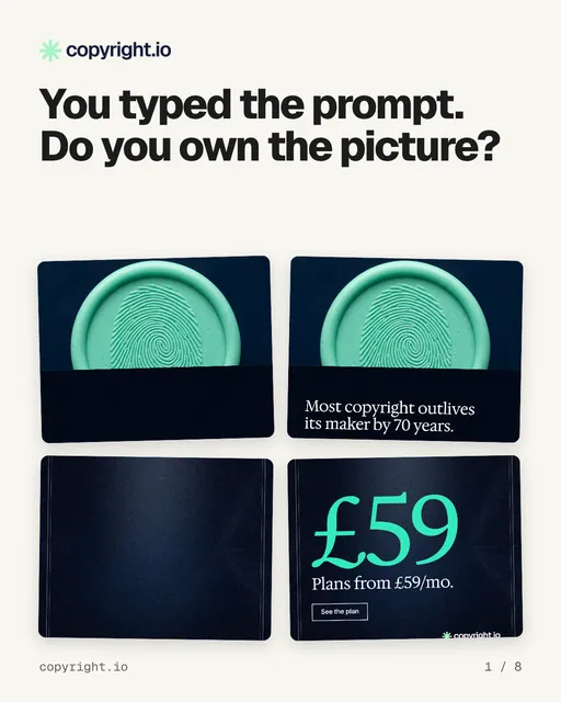 Carousel for copyright.io: "You typed the prompt. Do you own the picture?". Collection carousel, 8 slides, light palette.